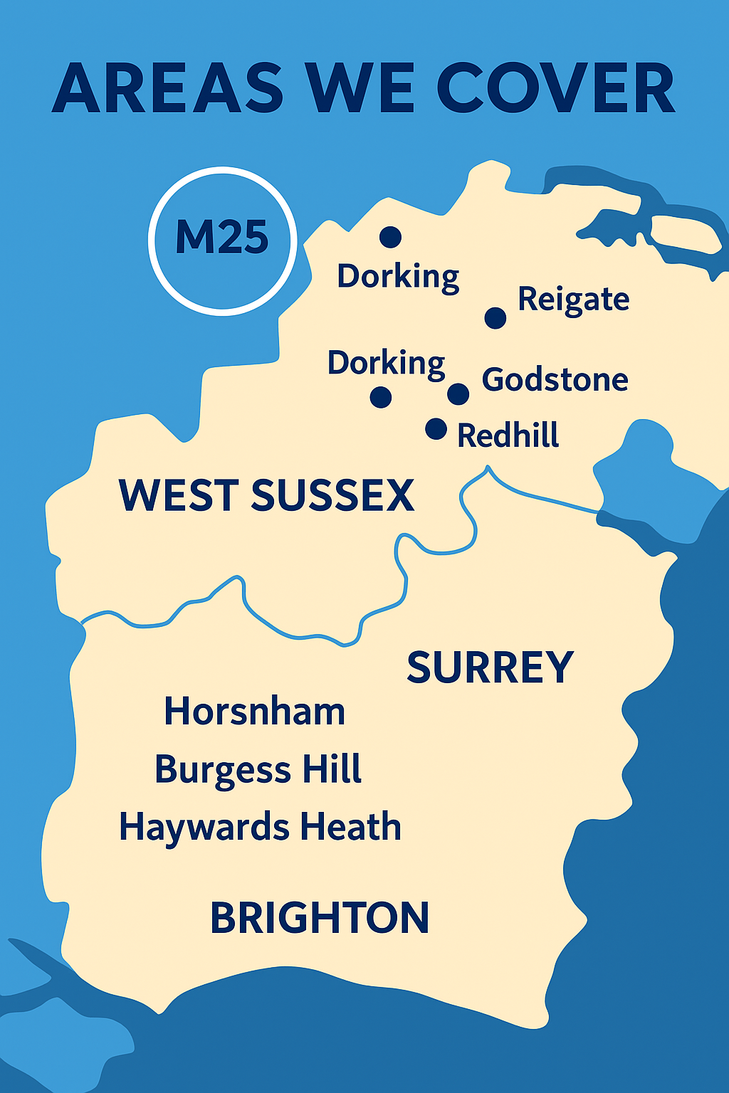 Map showing TSV Cleaning’s carpet cleaning service areas across West Sussex, Surrey, and Brighton – including Horsham, Reigate, Redhill, Horley, Burgess Hill, Godstone, and Dorking, stretching from the M25 down to the Brighton coast. 