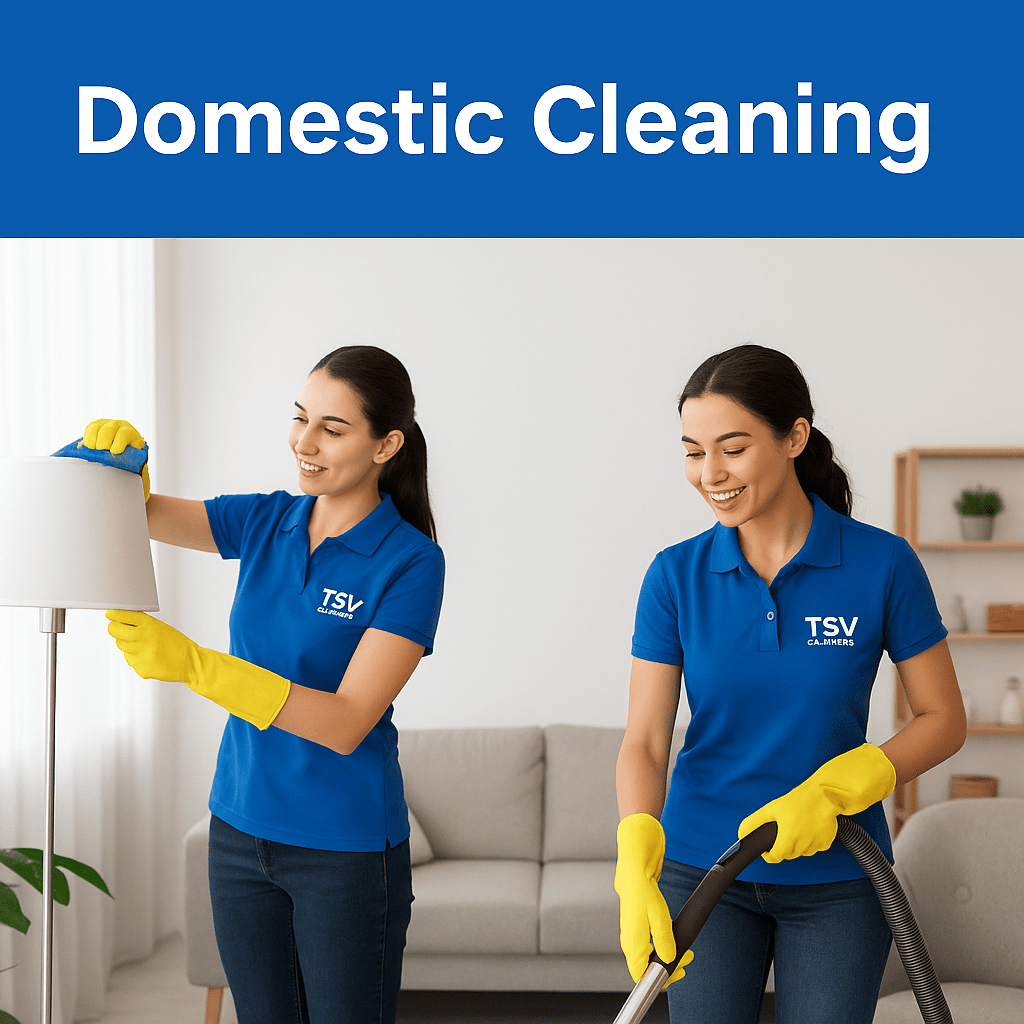 Two female cleaners wearing TSV Cleaning uniforms while professionally cleaning a living room – representing reliable domestic cleaning in West Sussex
