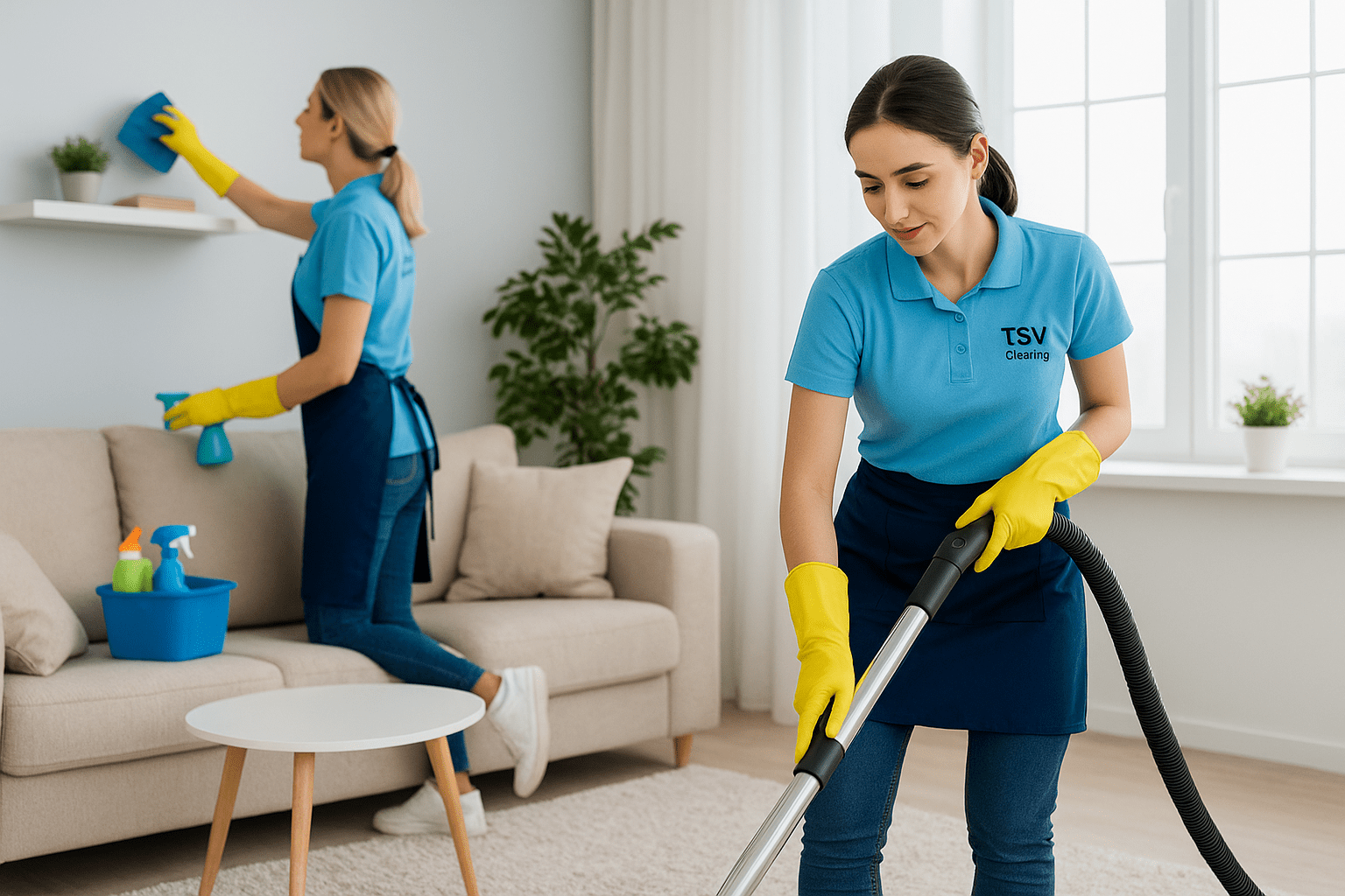 Two uniformed TSV Cleaning professionals providing domestic cleaning in Horley RH6, tidying and dusting a modern living room.
