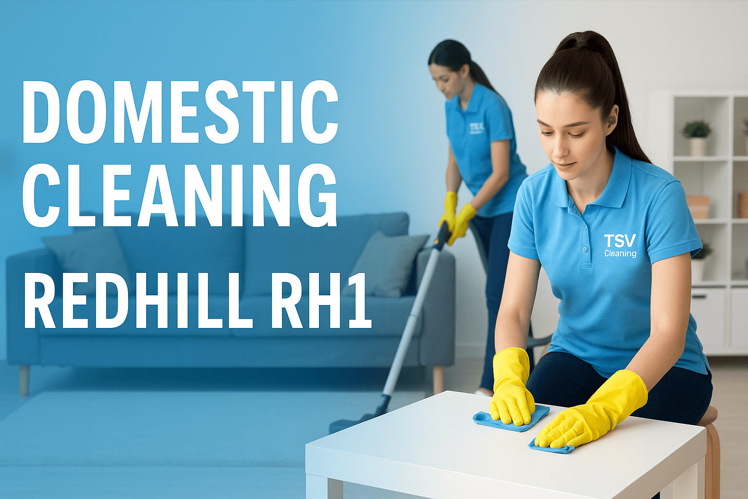 TSV Cleaning team providing domestic cleaning in Redhill RH1 – two professional women cleaning a home interior.