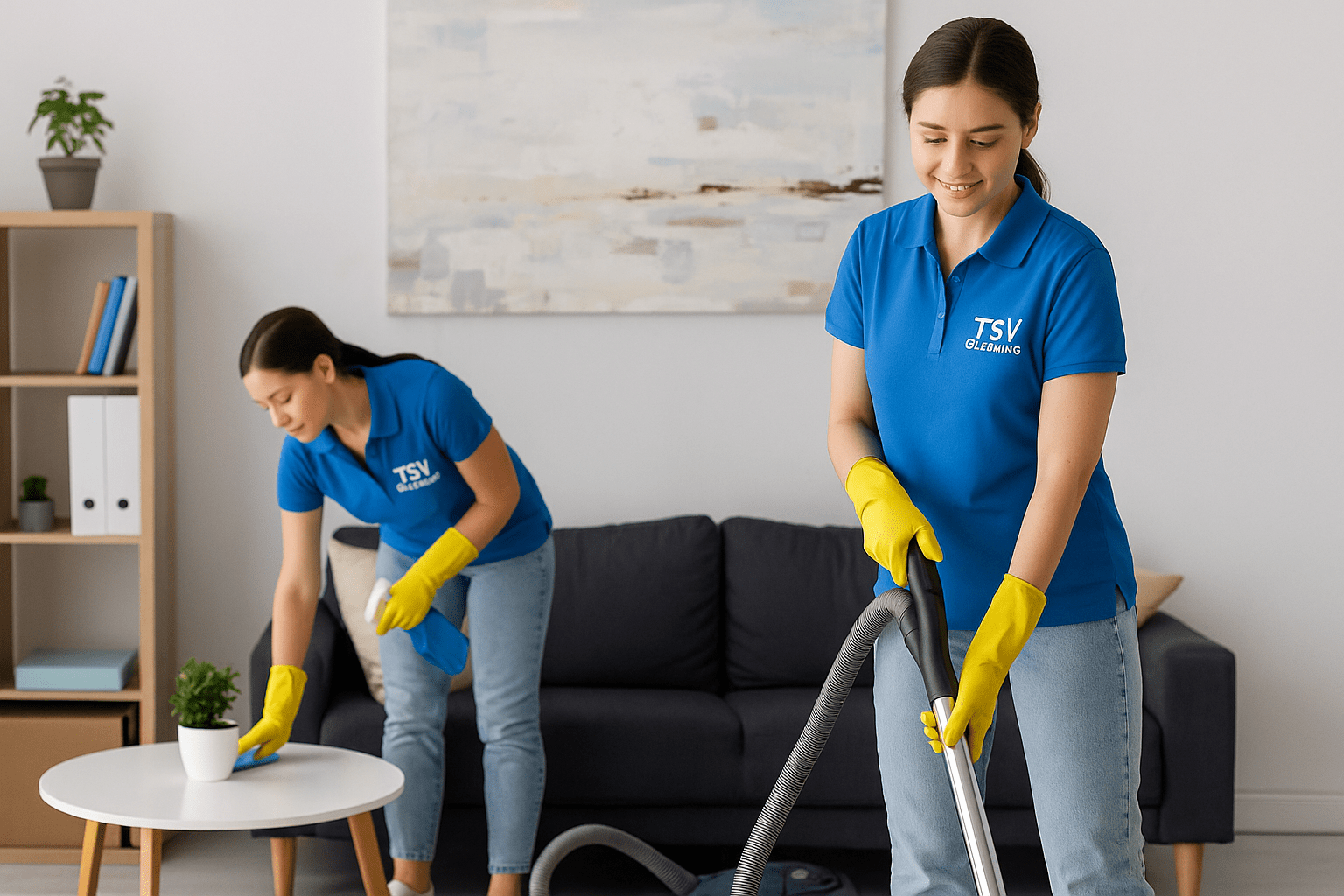 Two professional TSV Cleaning team members providing domestic cleaning in Reigate RH2 – modern home setting.