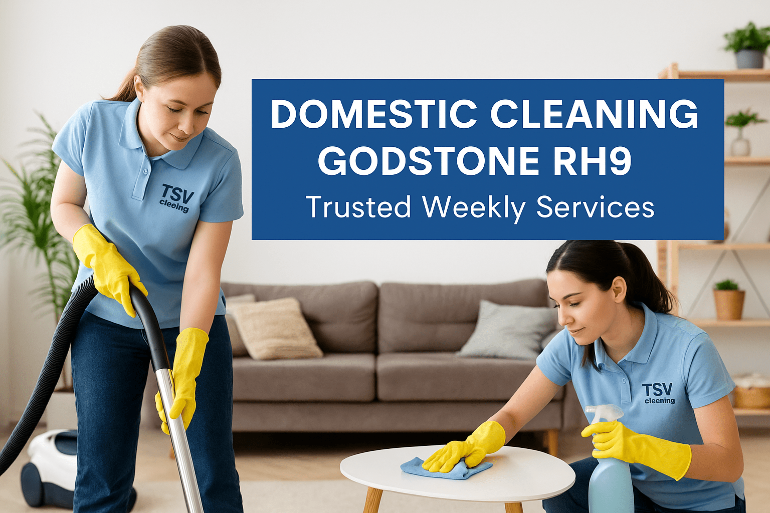 Two female cleaners from TSV Cleaning providing domestic cleaning in Godstone RH9 – modern family home setting.