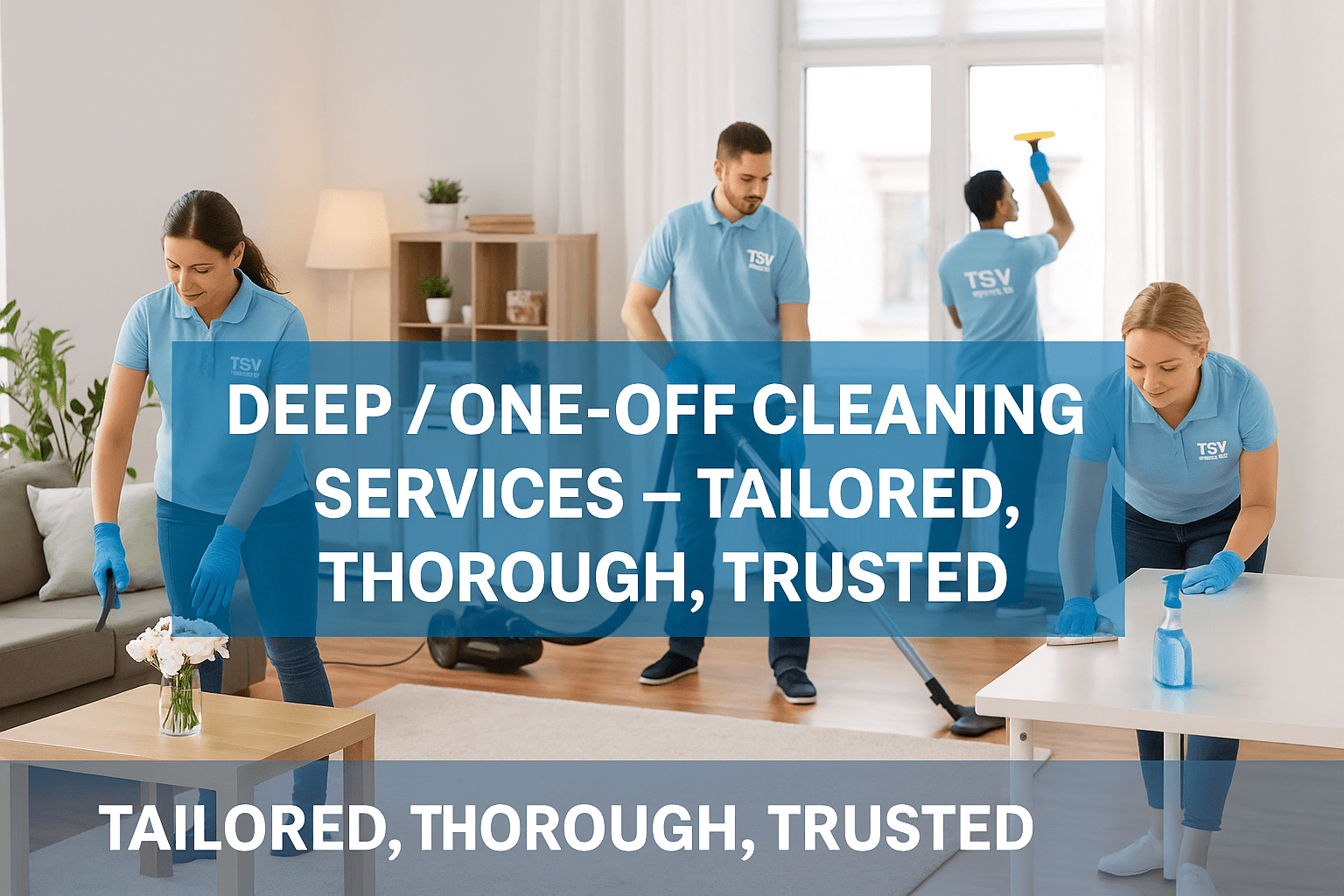 Two professional TSV Cleaning team members performing a deep one-off clean in a bright living room.